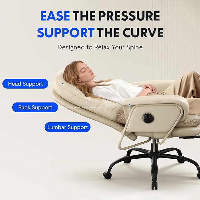 FLEXISPOT Luno 2-in-1 Chaise Lounge Chair Indoor with Wheels Footrest 90-165° Reclining Lumbar Support, Home Office Chairs for Living Room Bedroom Study Working Relaxing, Leather, Beige White