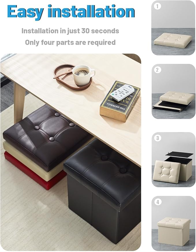 AmasSmile Storage Ottoman Folding Foot Rest Stool, Leather Footstool Bench, Short Ottoman Stool, Storage Foot Rest Store, Books (Beige, 17" D x 13" W x 13" H)