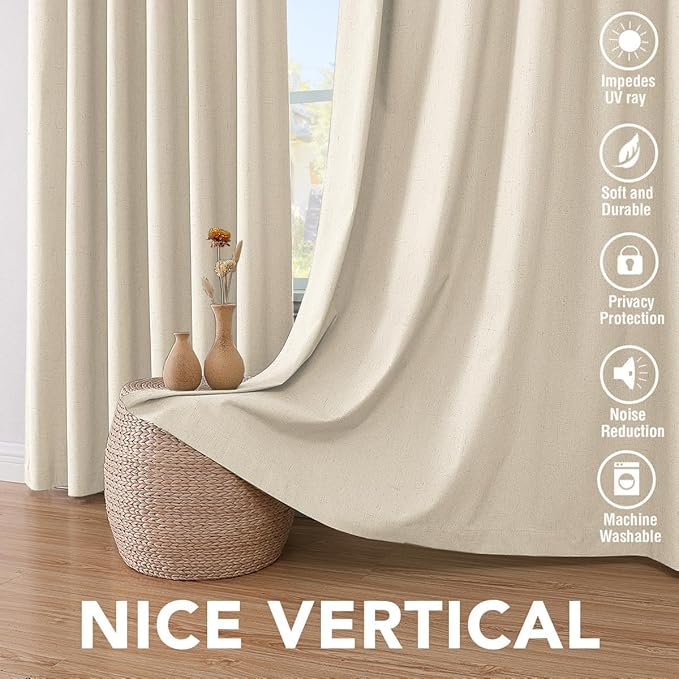 H.VERSAILTEX Linen Curtains 100% Blackout Curtains for Bedroom 102 inch Long Full Light Blocking Nature Linen Blended Window Curtains for Living Room Nickel Grommet (2 Panels, Bleached Sand)