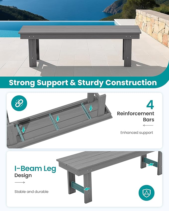 SERWALL 2-Person Outdoor Bench Backless, HDPE Outdoor Benches Weatherproof, 700 Lbs Weight Capacity, Poly Lumber Patio Furniture for Garden, Porch and Park, Grey