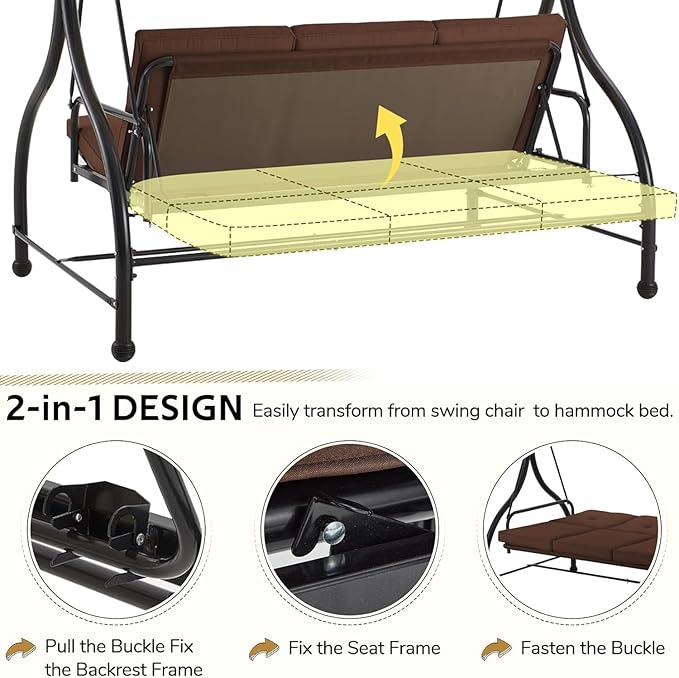 U-MAX Porch Swing with Cover, Patio Swing with Adjustable Backrest&Canopy 3 Seat Outdoor Swing with Canopy 2-in-1 Convertible Patio Daybed with Removable Brown Cushions