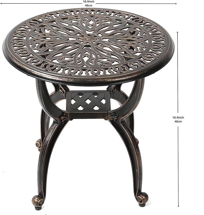 C/G Cast Aluminum Side Table,Decorative Outdoor End Table, Ornate Floral Pattern (Round, Copper)