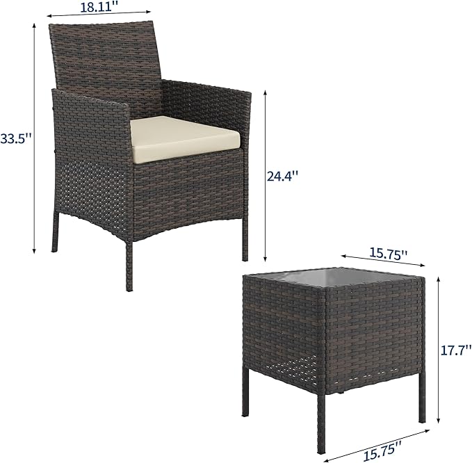 GAOMON 3-Piece Patio Furniture Set, Modern PE Rattan Conversation Set with 2 Chairs & Tempered Glass Coffee Table, All-Weather Outdoor Seating for Garden, Porch, Balcony, Poolside, Brown/Cream