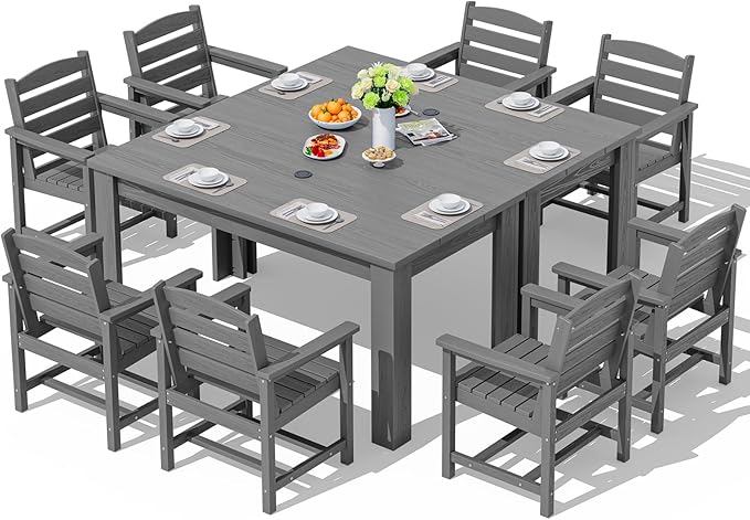SERWALL Patio Dining Sets for 8, Outdoor Dining Sets for 8 Person with 2 Umbrella Hole Cut-Out Rectangular Tables and 8 Chairs, HDPE Dining Sets for Garden, Backyard, Poolside, Gray