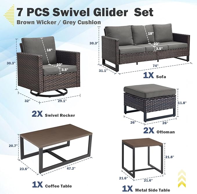 Belord 7 Piece Outdoor Furniture Patio Wicker Sofa Set, Oversize Outdoor Swivel Rocker Chairs with Rattan Ottomans, Conversation Sets Patio Furniture Come with Removable Washable