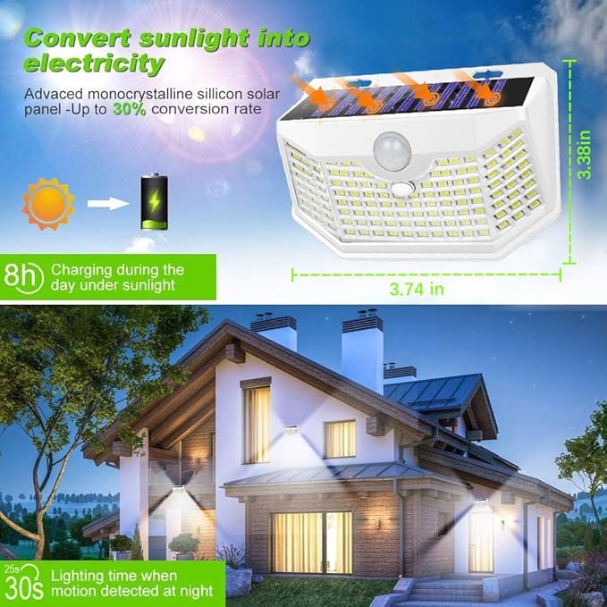 HMCITY 120 LED Solar Lights Outdoor with Motion Sensor and 3 Lighting Modes, IP65 Waterproof Wide Solar Wall Lights Ideal for Garden Patio Yard (Front Button 6Packs, White Shell-Daylight White)