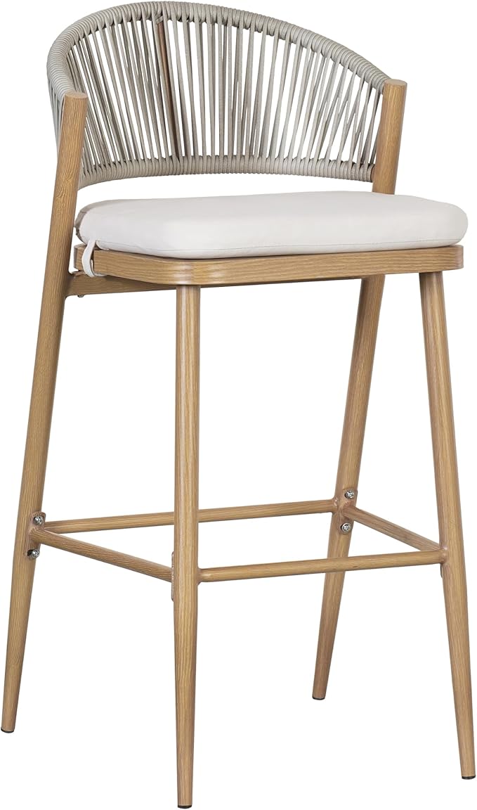 Christopher Knight Home Hearth 30.25" Patio Barstools Set of 2, Woven Wicker Counter Stool, Aluminum Frame Barstool, PE Rattan Scallop-Shape Backrest Woodlike Stool for Backyard Balcony, Maple