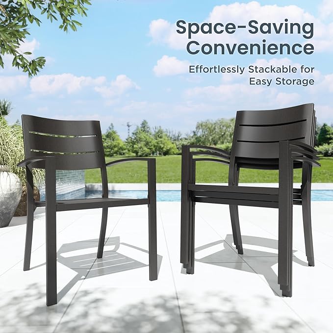PHI VILLA 7 Pieces Outdoor Patio Dining Set for 6, 60”Rectangular Metal Steel Table with Umbrella Hole & Stackable Wrought Iron Chairs, Outside Furniture Set for Deck, Porch, Backyard