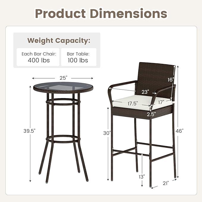 Tangkula 3 Piece Outdoor Bar Set, Patio Rattan Heavy Duty Bar Height Glass Top Table & Chairs w/ 2 Cushioned Barstools, for Porch, Yard, Poolside