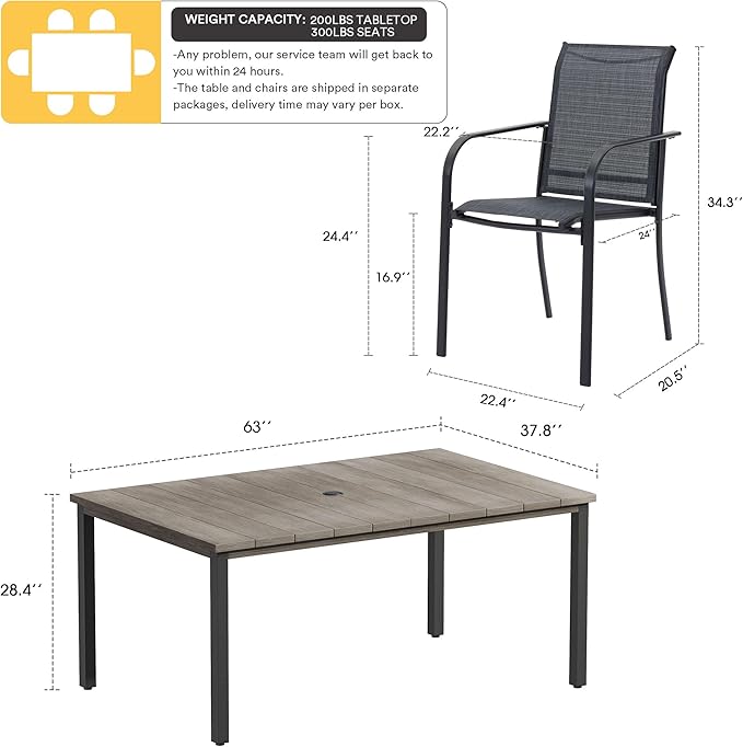 VICLLAX Patio Dining Set for 6, Outdoor Furniture Set Includes 63" Rectangle Patio Table and 6 Patio Sling Chairs, Outdoor Table and Chairs for Outsides, Grey Wood-Like Tabletop and Dark Grey Fabric
