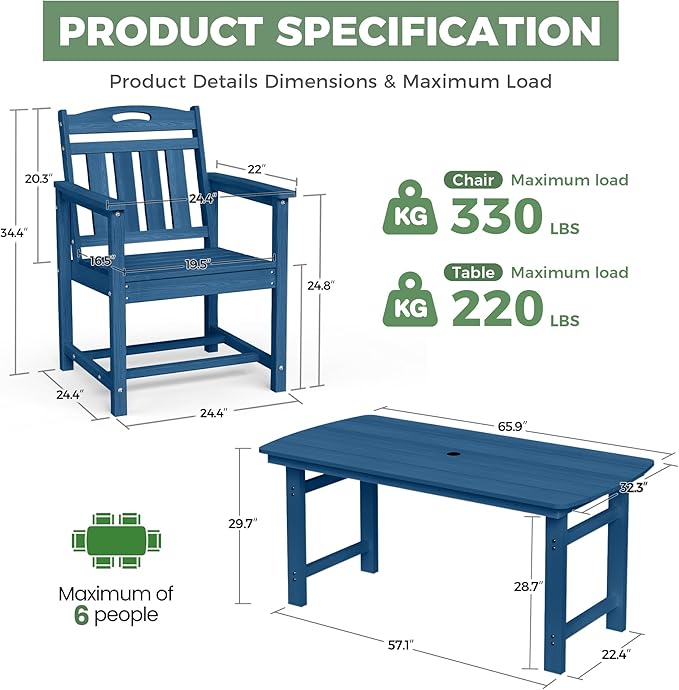 HDPE Outdoor Patio Dining Set with Table & 6 Chairs, All-Weather 7-Piece Outdoor Table and Chairs, 2" Umbrella Hole, Patio Furniture for Garden, Backyard, Deck | Navy Blue