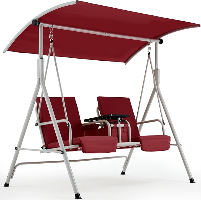 HOMREST 2 Seat Outdoor Porch Swing,Patio Swing with Adjustable Canopy,Heavy Duty 650 LBS Outdoor Swing with Pivot Storage Table & 2 Cup Holders & Cushions for Yard, Lawn, Backyard, (Burgundy)