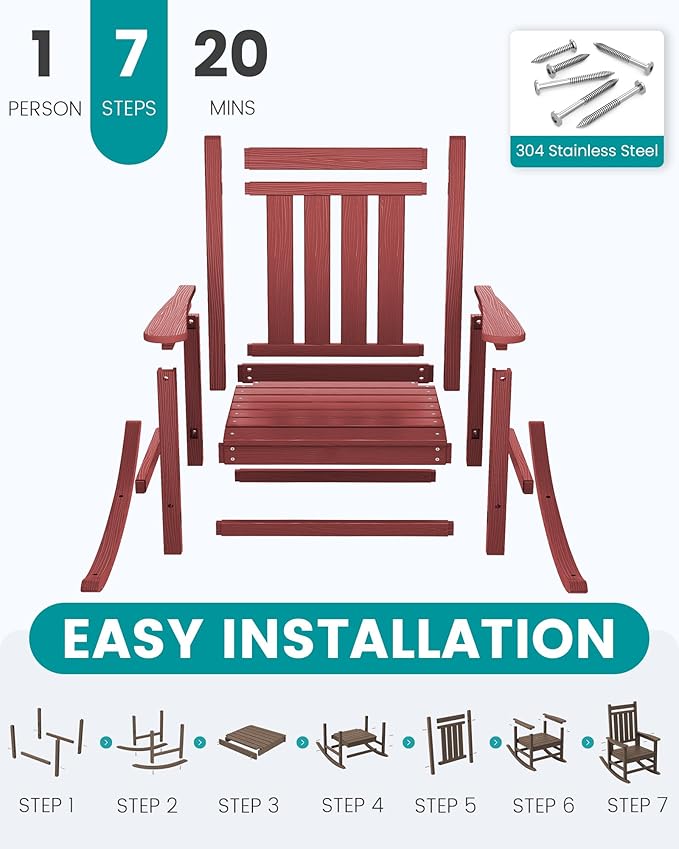 SEWALL HDPE Rocking Chair, Oversized Outdoor Rocking Chair for Adults, Patio Rocker for Porch, Crimson Red