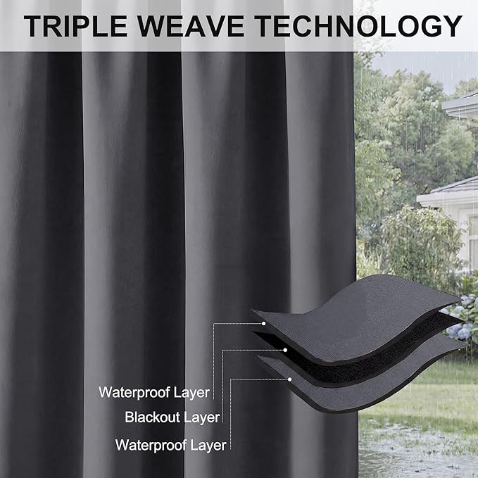 RYB HOME Outdoor Curtains for Patio Waterproof Block Sunlight Thermal Insulated Privacy Assured Thick Outside Curtains for Deck, Balcony, Pool, W52" x L63", Grey, 1 Panel
