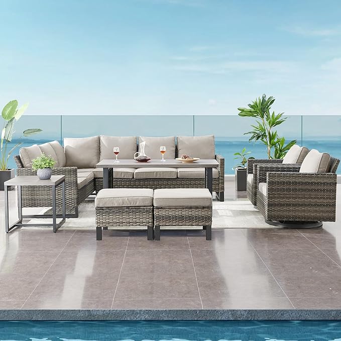 Belord Patio Sectional Furniture Set with Coffee Table: 8 Pieces Wicker Patio Conversation Set with L Shaped Sofa, Outdoor Swivel Glider Rocker, Rattan Ottomans, Removable