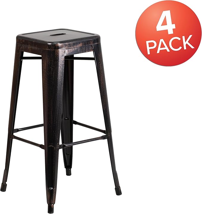 Flash Furniture Lily 4 Pack Commercial Grade 30" High Backless Black-Antique Gold Metal Indoor-Outdoor Barstool with Square Seat