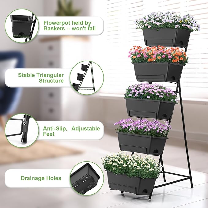5 Tier Vertical Raised Garden Bed Planter Box, Vertical Raised Bed with Drainage Holes for Indoor Outdoor Herbs Flowers Vegetables Plants, Grey