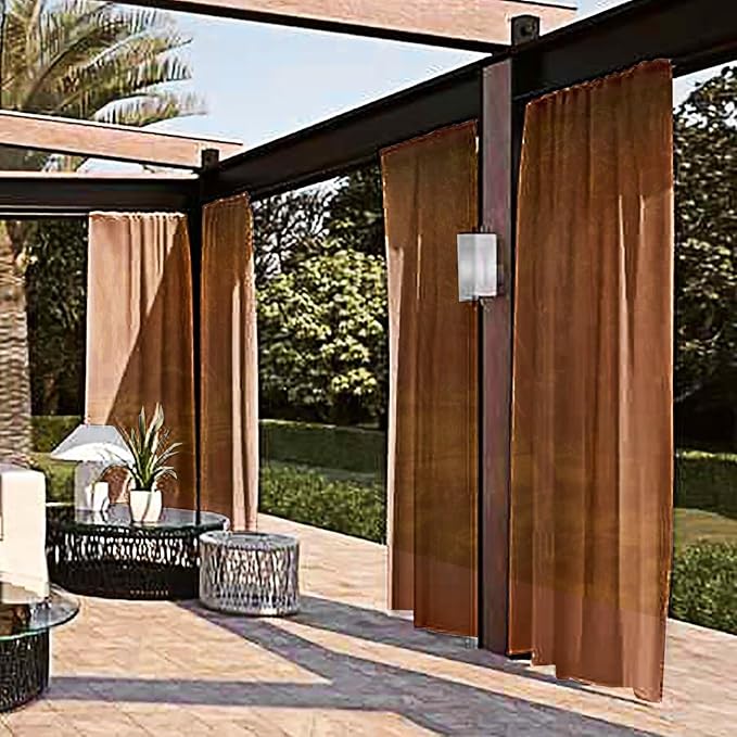 SpaceDresser Waterproof Outdoor Sheer Curtains for Patio - 2 Panels Rod Pocket Indoor Voile Sheer Curtain for Living Room,52W x 96L inch, Brown