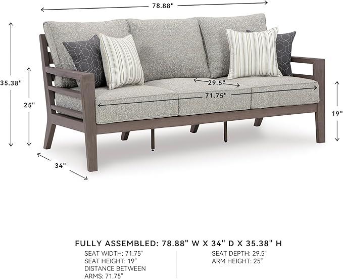Signature Design by Ashley Hillside Barn Contemporary Nuvella Weather Resistant Fabric Outdoor Sofa with Cushion and 4 Throw Pillows, Light Brown & Light Gray