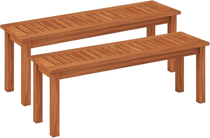 Tangkula Outdoor Wood Bench, 2-Person Backless Patio Garden Bench with Slatted Seat, Front Porch Dining Seating Furniture for Deck, Yard and Park (2)