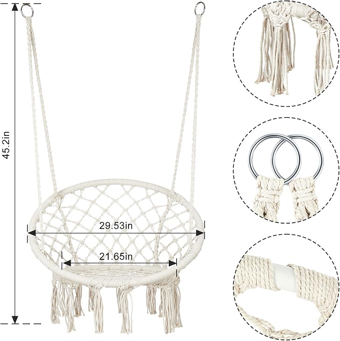 Macrame Hammock Chair Swing with Hardware Kits, Handmade Knitted Hanging Chair for Bedroom,Indoor,Outdoor, Balcony, Yard, Porch- 265 Pound Capacity -29.53" L x 29.53" W x 45.28" H