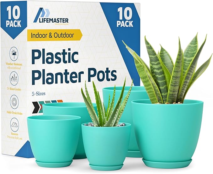 Planter Pots with Drainage Holes - Lightweight, Durable, and Space-Saving Pots for Indoor and Outdoor - Versatile Functionality, Simple Modern Design, Set of 10 Plastic Planter Pots - Aqua