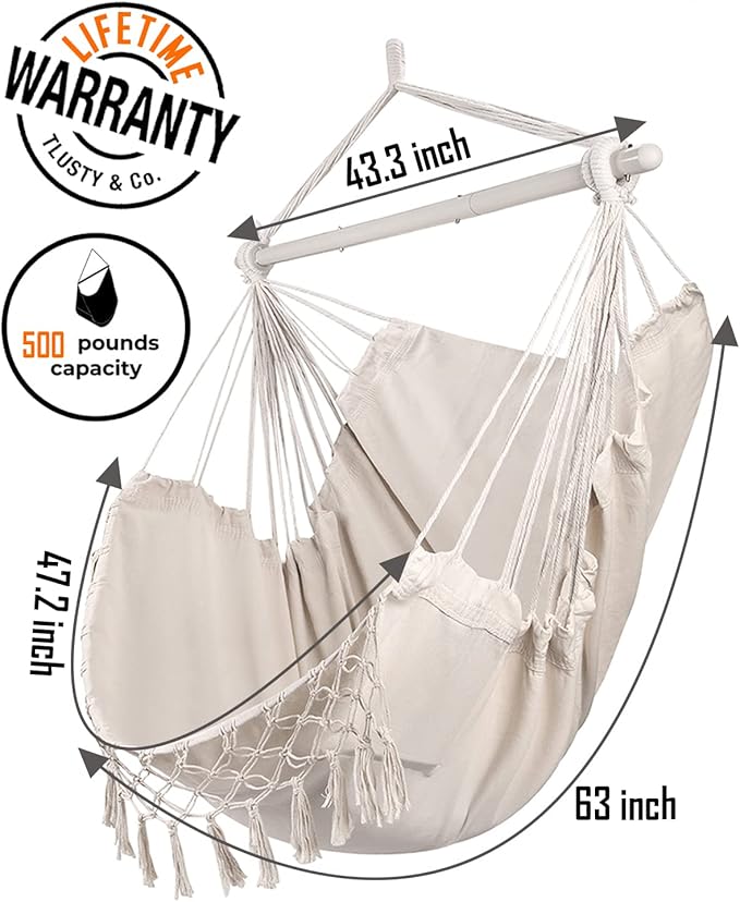 MIZTLI Hammock Chair Hanging Chair Swing Chair XXL Large Macrame Swing Indoor Hammock for Bedroom - Max 500 Lbs - All Hanging Kit Included