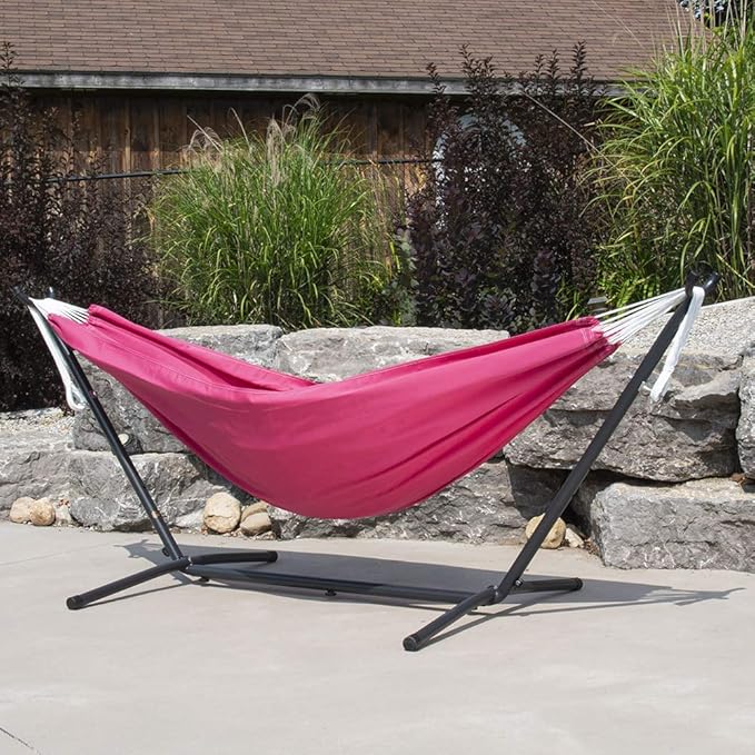 Vivere Double Polyester Hammock with Space Saving Steel Stand and Premium Carry Bag - 450 lb Capacity (Hot Pink)