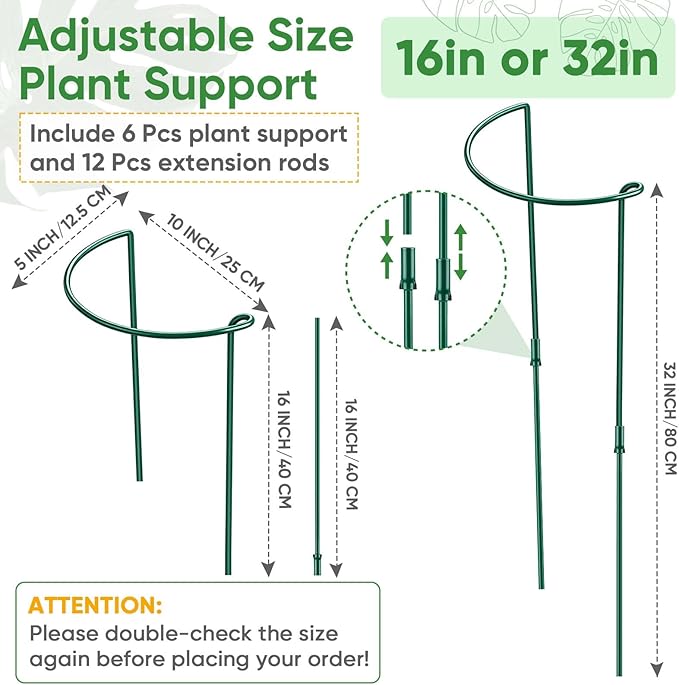 6 Pack 32 or 16 inch Adjustable Plant Support Stakes, Heavy-Duty Half Round Peony Support, Garden Plant Stakes Cage for Outdoor Plants, Peony, Tomato, Hydrangea, (16In Support +16In Extension Tubes)