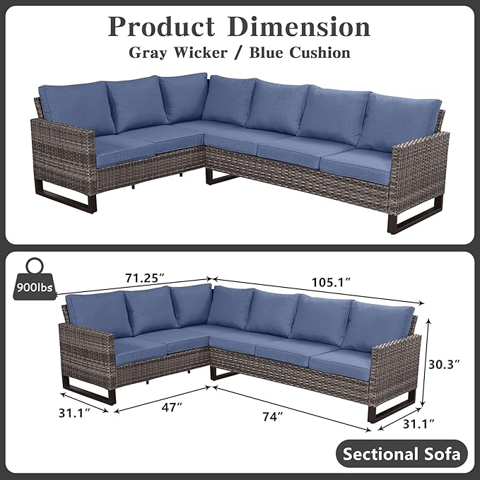 Belord Outdoor Sectional Sofa 6 Seater L Shaped Couch Wicker Patio Conversation Furniture Set Rattan Outdoor Furniture with Removable Washable Cushion Blue