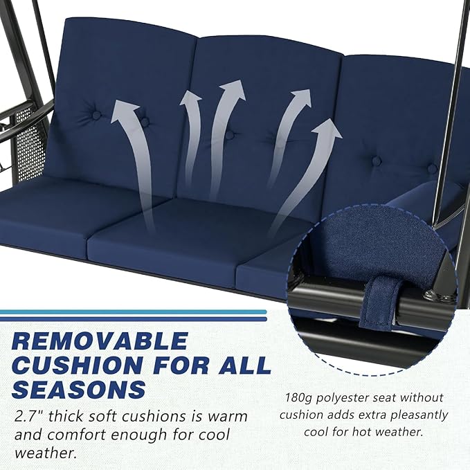 AECOJOY Outdoor Porch Swing, 3-Seat Porch Swing with Adjustable Canopy, Outdoor Swings for Adult with Dark Blue Removable Cushions for Backyard, Garden, Yard, Poolside, Balcony