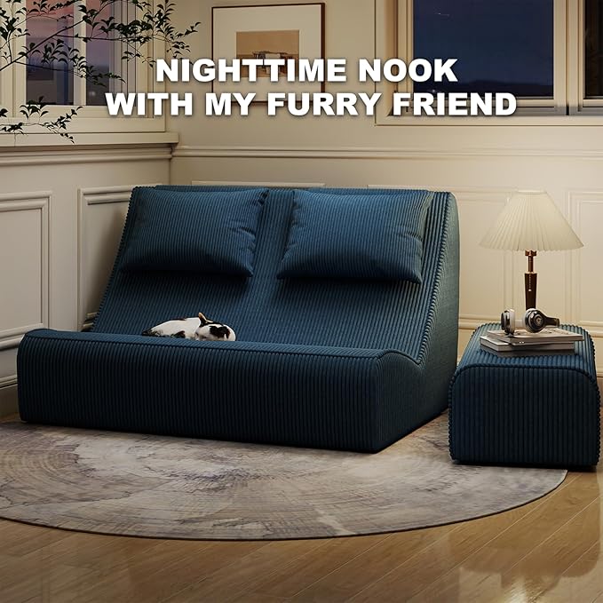 Giant Bean Bag Chair for Adults - Indoor Chaise Lounge with Pillows & Ottomans, Upholstered Loveseat Floor Sofa Chair for Reading, Gaming, Napping, and Movies (Royal Blue)