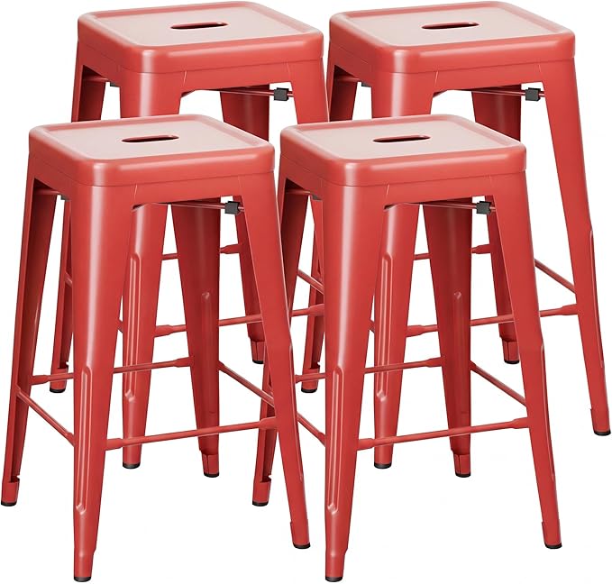 Shahoo 24 Inches Metal Bar Stools Counter Height Stackable Backless Stools, Industrial Patio Stools Indoor Outdoor Metal Kitchen Stools Set of 4 (Red, 24'')