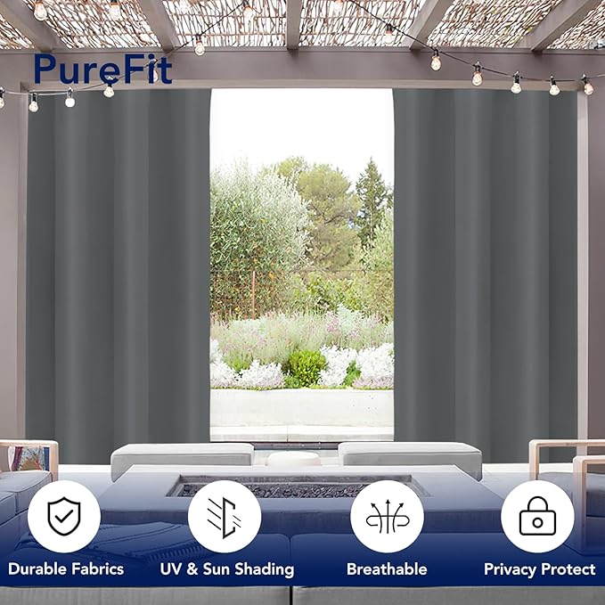 PureFit Outdoor Curtains for Patio Waterproof Weatherproof, UV Resistant Outside Curtains for Gazebo, Front Porch, Pergola, Sun Blocking Privacy Curtain, 52W x 108L inch, 1 Panel, Gray