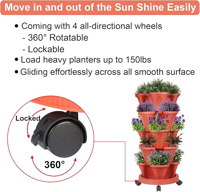 GameXcel Vertical Planter 5 Tier Stackable Planters Garden Planters Strawberry Herb Flower and Vegetable Planter Indoor Outdoor Gardening Pots with Removable Wheels and Tools 2-Pack