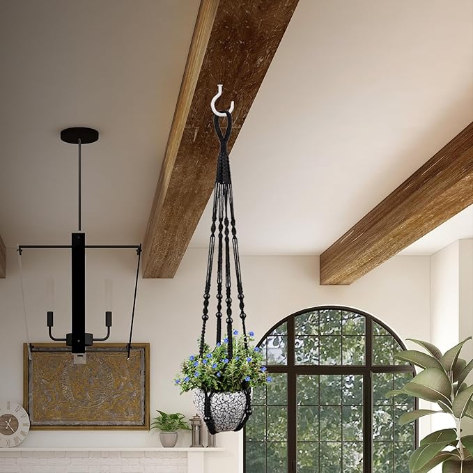 RIFNY Macrame Plant Hanger Indoor, 35 Inch Hanging Plant Holder with Hooks, Large Boho Hanging Basket Plant Hanger for Wall Window Ceiling Plants Decor (Black, 1PC)