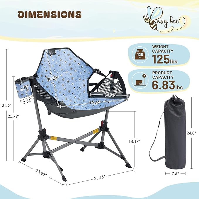 BusyBee Hammock Camping Chairs for Kids, Folding Kids Chair with Stand, Child Camping Gear, Hammock Swing Chair with Cup Holder & Carrying Bag for Outdoor, Lawn, Hiking, Indoor, Supports 125 LBS, Blue