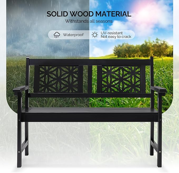 VINGLI 47" Outdoor Wood Bench, All Weather Outdoor Wooden Patio Garden Bench, Outside Loveseat 660lbs Capacity for Front Porch Park Entryway (Black)