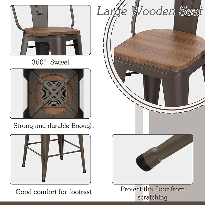 Alunaune 26" Swivel Metal Counter Height Bar Stools Set of 4 High Back Industrial Bar Chairs Kitchen Barstools with Large Wooden Seat-Rusty