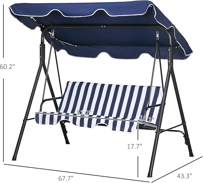 Outsunny 3-Seat Outdoor Patio Swing Chair with Removable Cushion, Steel Frame Stand and Adjustable Tilt Canopy for Patio, Garden, Poolside, Balcony, Backyard, Dark Blue