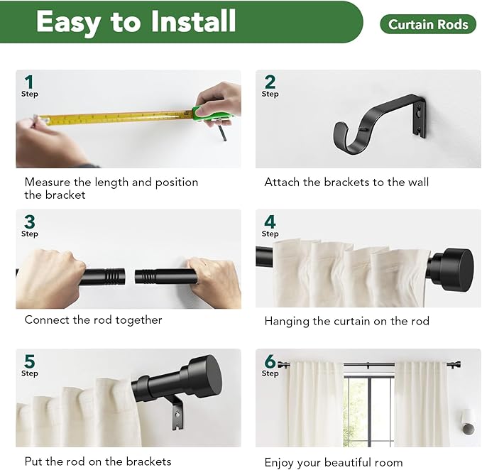 Time Forest Black Curtain Rods for Windows 48 to 84 Inch (4-7 Feet), 1 Inch Diameter Adjustable Heavy Duty Curtain Rod, Modern Style Indoor Outdoor Window Drapery Rods with End Caps, Size 32"- 90"