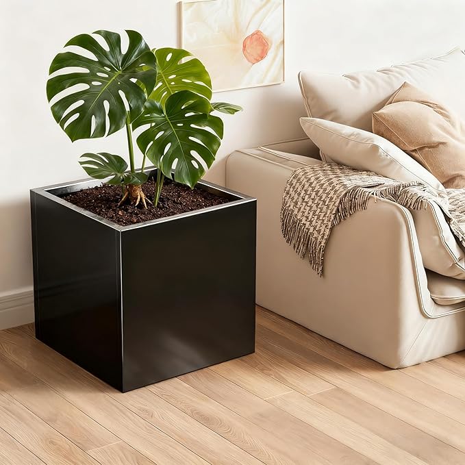 Tall Metal Planter Box for Outdoor Plants 26" L x 26" W x 26", Heavy Duty Steel Large Square Planter Box with Removable Insert Shelf, Modern Décor for Tall Plants, Trees, Flowers (Black)