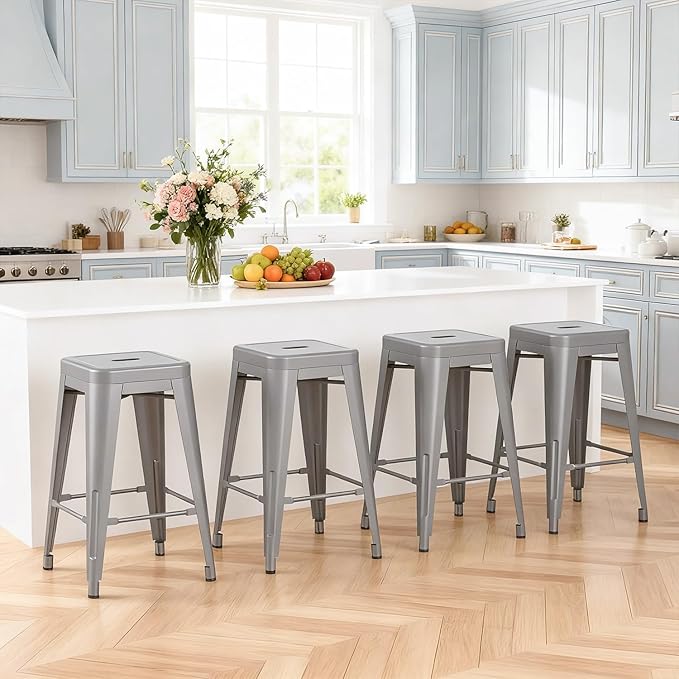 Stackable Metal Bar Stool Backless Indoor-Outdoor Counter Stools Fullmetal Dinning Chairs Set of 4 (Grey, 24 Inch)