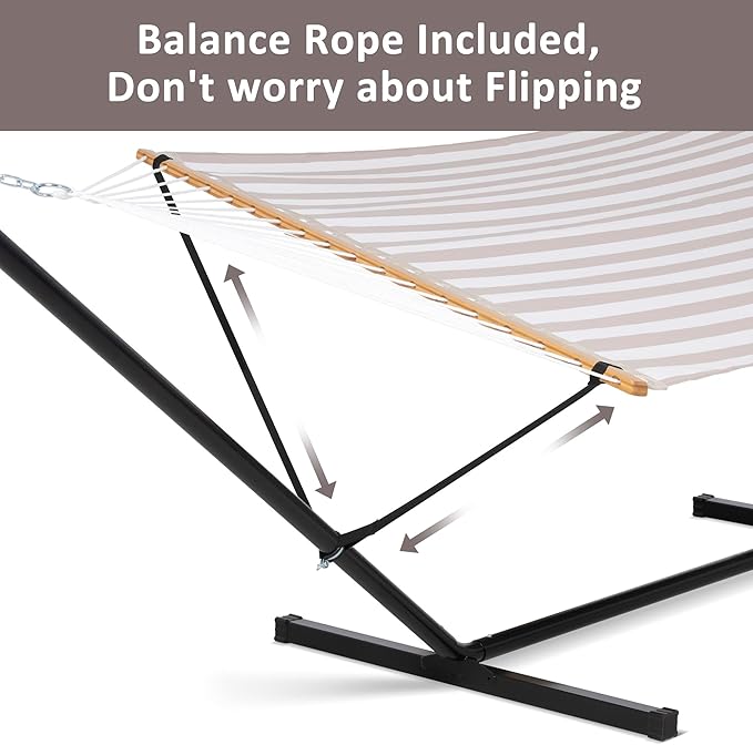 SUNCREAT Double Hammock with Stand Included, Outdoor Portable Hammock with Stand, Light Gray Stripes