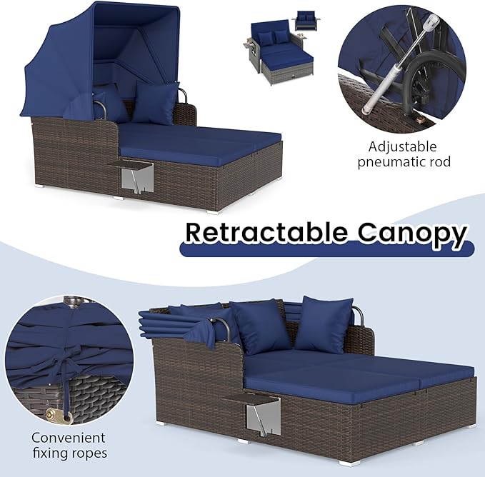 RELAX4LIFE Patio Outdoor Daybed with Canopy, Wicker Rattan Sunbed w/Cushions, 4 Pillows & 2 Retractable Side Trays, 2-Person Lounge Bed Conversation for Poolside Porch Garden (Mix Brown-Navy)