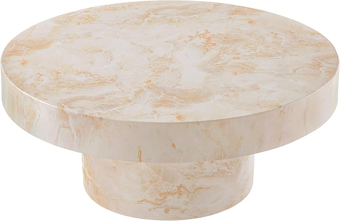 Modway Alora Round Concrete Coffee Table with Faux Stone Finish in Honey Onyx - Cement Accent Table for Living Room - Stone Patio Center Table - Indoor Outdoor 34 Inch Low Coffee Table
