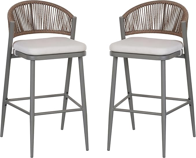 Christopher Knight Home Hearth 30.25" H Patio Barstools Set of 2, Woven Wicker Counter Stool, PE Rattan Scallop-Shaped Backrest Bar Chair, Metal Frame Barstool for Backyard Balcony Garden, Gray