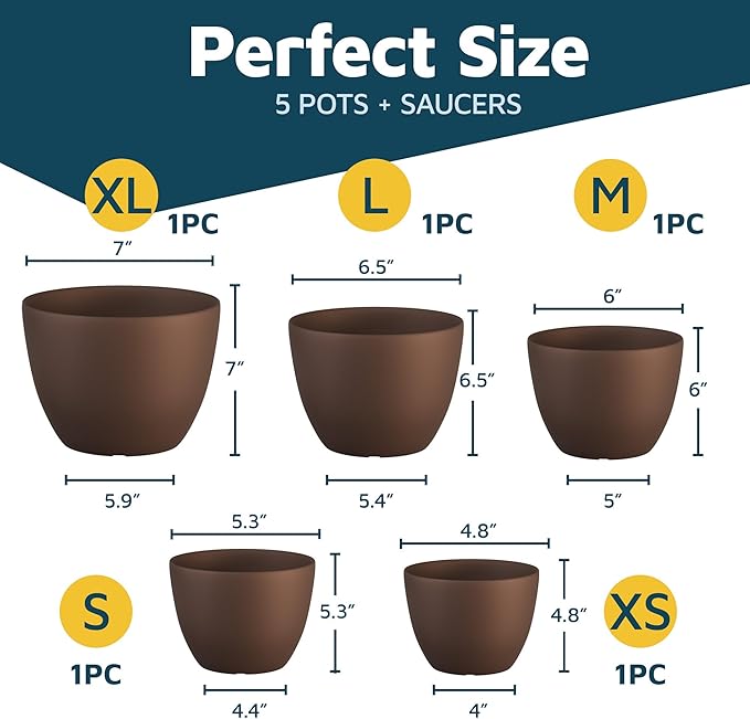 Planter Pots with Drainage Holes - Lightweight, Durable & Space-Saving Pots for Indoor and Outdoor - Versatile Functionality, Simple Modern Design, Set of 5 Plastic Planter Pots - Brown