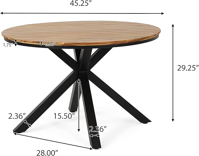 Merax Outdoor Dining Table, 45" Round Teak Acacia Wood Tabletop and Black Metal Leg, Modern Industrial Style Patio Dining Table