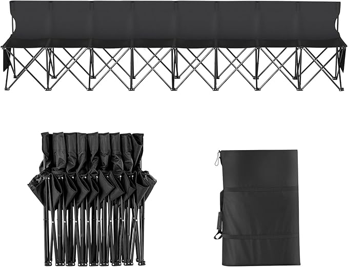 VEVOR Portable Folding Bench, 8 Seats Foldable Sideline Bench, Outdoor Camping Bench Chair with Carry Bag & Backrest, Team Sport Sideline Bench for Football Fishing, No Assembly Instant Seating, Black
